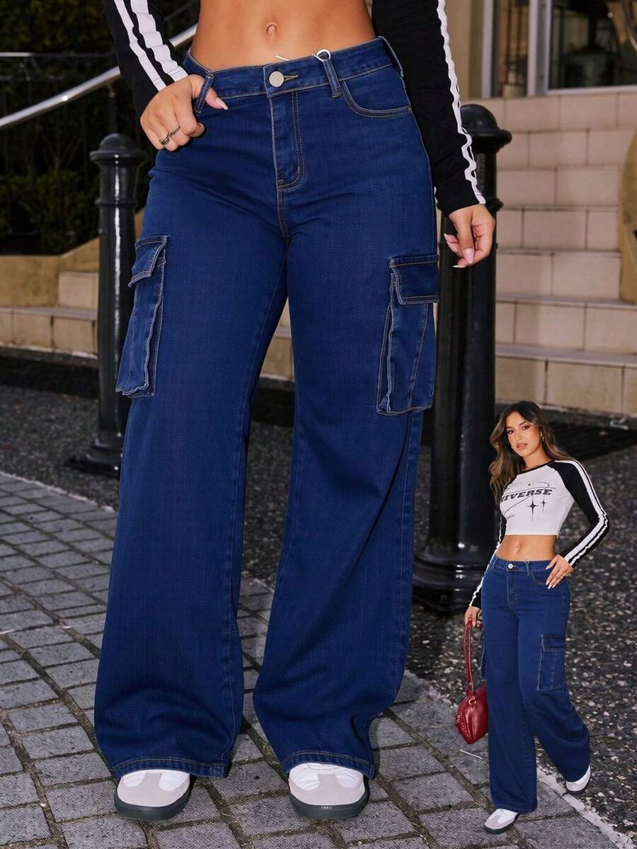Jeans rectos cargo con bolsillos múltiples, elásticos, con efecto levantador de glúteos - Azul profundo - Ver 1