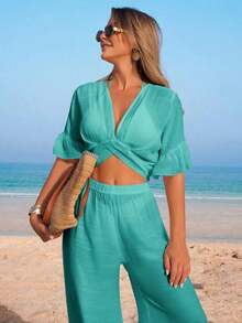 Conjunto de vacaciones de verano para mujer con top corto de manga corta con volantes y escote en V sin espalda, pantalón de pierna ancha y cubrecuerpo - Verde - Ver 4