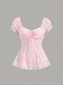 Blusa de gasa con bordado floral elegante y lazo, top de verano dulce y encantador para mujeres - Rosa - Ver 1