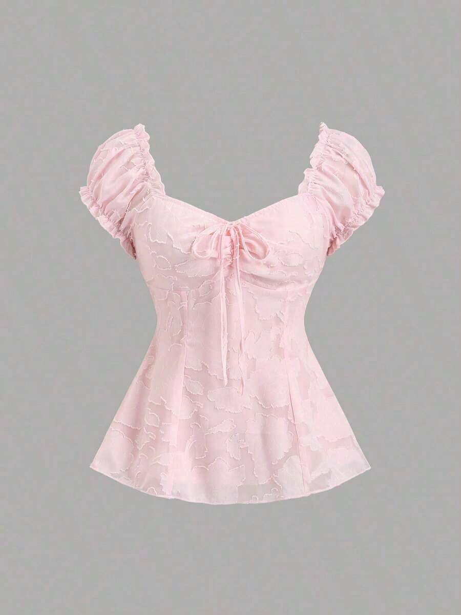 Blusa de gasa con bordado floral elegante y lazo, top de verano dulce y encantador para mujeres - Rosa - Ver 1