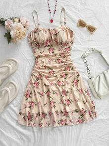 Vestido mini de línea A con tirantes de espagueti rosa y romántico Ditsy Floral para mujer, adecuado para fiesta, cita, San Valentín, Pascua, carnaval, crucero por la playa, Afternoon vestido de moda para té, primavera/verano - Albaricoque - Ver 7