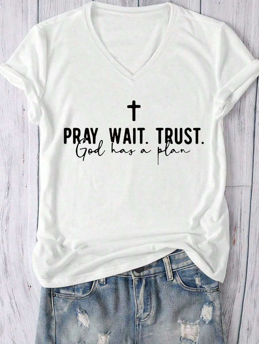 Camiseta de manga corta con cuello en V y estampado Summer Faith, para mujer, informal, para uso diario y al aire libre. - Blanco - Ver 1