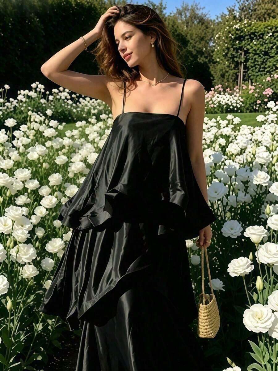 Elegante vestido de mujer para vacaciones de primavera/verano: maxivestido casual de tirantes en satén, de capas múltiples. - Blanco - Ver 1