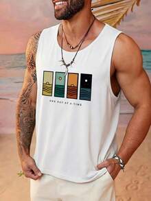 1pc Men's Summer Printed Round Neck Casual Tank Top - White - View 3