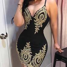 Female Sexy Voluptuary V-Neck Sheath Dress, Empire Waist Print Sleeveless Club Dress Party Cocktail Evening Miniskirt - 黑色 - 查看 4
