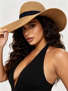 1 pièce Chapeau de paille à large bord pour femme avec ruban noir, chapeau de plage de protection solaire - Multicolore - Voir 4