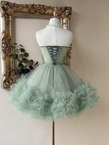 Elegante y lujoso vestido corto hecho a mano con aplicaciones bordadas, encaje de ganchillo y parches de satén, con abertura en la cintura, adecuado para citas, fiestas de solteros, galas, bailes, Día de San Valentín - Verde - Ver 2
