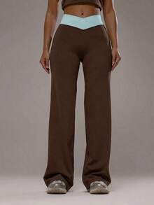 Sport Pantalones de yoga con cintura cruzada y capas, conjunto deportivo solo para actividad, entrenamiento, gimnasio, pilates, fitness, uso diario casual, cuarzo ahumado, verano, vacaciones - Marrón Chocolate - Ver 2