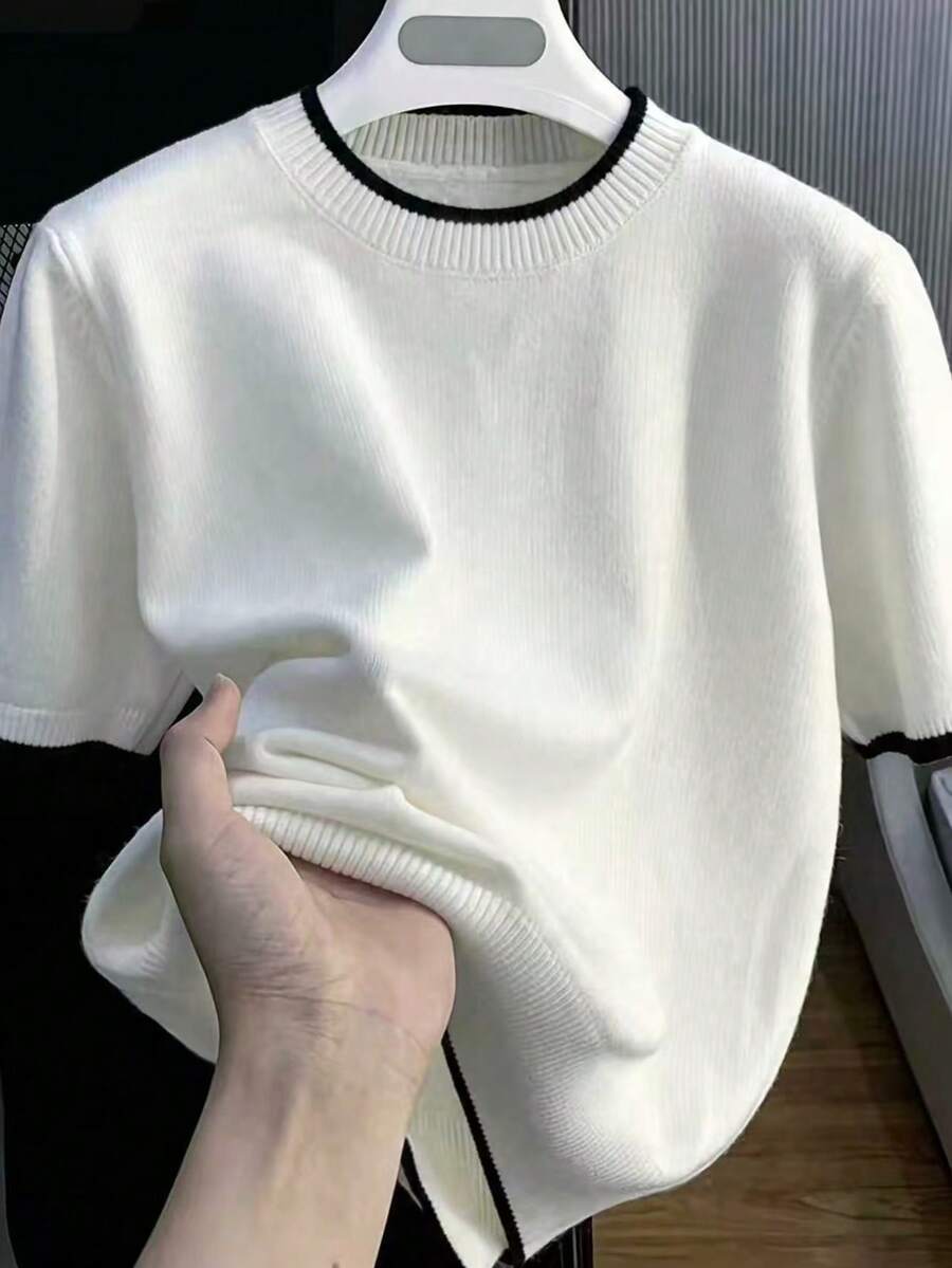 Men's Casual Versatile Solid Color Short Sleeve Knit Top, Suitable For Daily Wear And Commuting - White - View 1