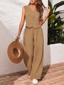 Frenchy Set de 2 piezas para mujer de top sin mangas y pantalones de estilo casual con un solo botón, para verano - Camel - Ver 3
