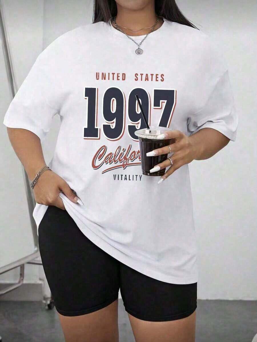 Camisetas de manga corta de cuello redondo estilo retro de una sola pieza para mujer en tallas grandes, con letras y números, holgadas y a la moda, 180g 100% algodón, estilo casual para mujer. - Blanco - Ver 1