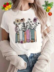 ropa de mujer ropa de mujer Camiseta unisex con estampado floral y de estantería - Diseño para amantes de los libros con patrón de lomo de libro, camiseta casual de cuello redondo suave para hombres y mujeres, atuendo casual cómodo para primavera/otoño, regalo con temática de libros para lectores, ropa para amantes de los libros, diseño floral y de estantería, corte relajado, colores vibrantes, ideal para clubes de lectura y salidas informales, patrón geométrico, camiseta casual cómoda unisex para el Festival de Primavera, diseño de estantería con flores, perfecta para amantes de los libros, temporada primavera/otoño, corte regular camisas de mujer camisas de mujer - Blanco - Ver 6