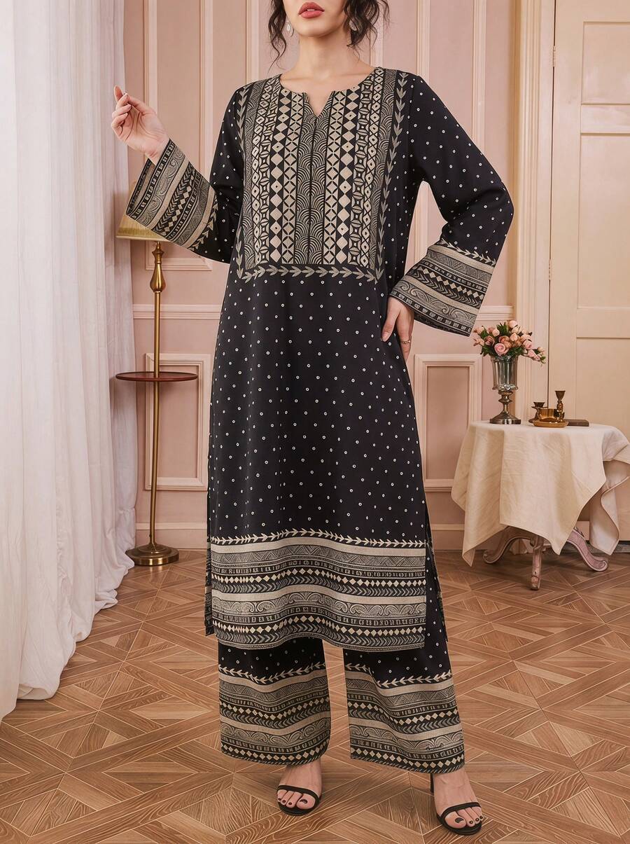 Solessence 两件套：黑色波点几何印花V领长袖连衣裙+几何印花弹力腰阔腿裤，优雅女士套装，奢华绿色正式晚礼服，送给妈妈、女儿、朋友的完美礼物，适合节日、派对、日常穿着，春季百搭。 - 黑色 - 查看 1