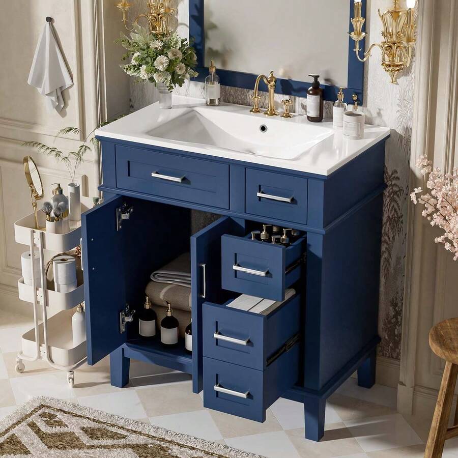 MERAX 30" Bathroom Vanity With Ceramic Sink, Modern Storage Cabinet With Soft-Close Doors, Deep Drawer & Standard Drawer, Stylish Bath Vanity For Small Bathrooms, Blue - Blue - View 1