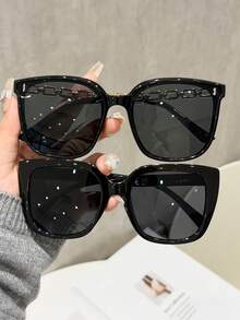 2 Pairs Women's Plastic & Metal Round Full-Rim Fashion Minimalist Korean Style Classic Cool Glasses, Suitable For Music Festivals, Weekends, Outings, Golf, Driving And Other Occasions, Fashionable Accessory - black gray - View 12