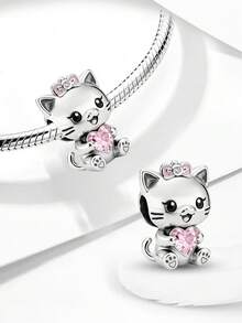 1pc 925 Sterling Silver Cat Hugging Heart Charm, Suitable For Women Bracelet Bangle DIY Jewelry Making, Exquisite Jewelry - Style 25 - View 4
