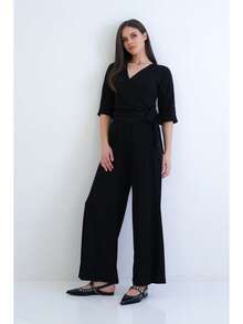 Women's Solid Color Side Tie 3/4 Sleeve Top And Pants Elegant 2-Piece Set - Black - View 2