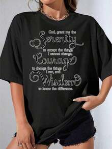 Girls' Black And White T-Shirt, Plus Size White T-Shirt With Serenity Prayer Print For Casual And Everyday Wear, Casual Printed T-Shirt For Outdoor Parties, 180g - 黑色 - 查看 7
