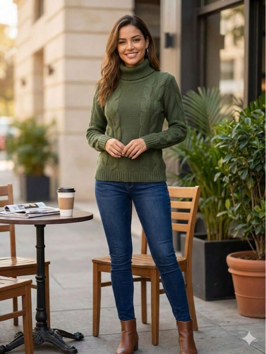 Women's High Neck Knit Blouse With Front Clasp - Elegant Winter Style - 軍綠色 - 查看 1