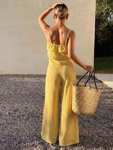 Conjunto de 2 piezas de top de tirantes con volantes y pantalones sueltos casuales de verano para mujer - Amarillo - Ver 2