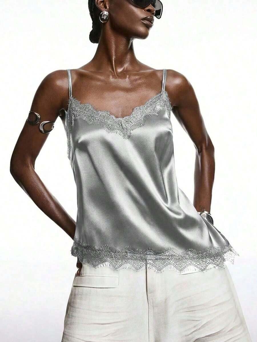 2026 Nueva Blusa Minimalista de Primavera para Mujer de Satén Color Albaricoque con Encaje, Elegante Camisola con Ribete de Encaje, Adecuada para Primavera/Verano; Camisa Elegante, Adecuada para Fiestas, Primavera, Navidad, Año Nuevo, etc.; Elegante - Gris - Ver 1
