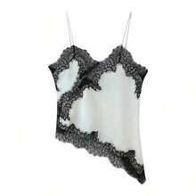 Camiseta sin mangas asimétrica de encaje con contraste de unicolor para mujer, elegante y holgada con espalda descubierta, top casual de verano - Blanco y Negro - Ver 4