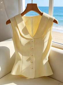Blusa sin mangas amarilla elegante, top de verano elegante y estilizador para mujeres - Amarillo - Ver 7