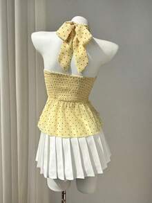 Blusa de cuello halter con volantes y estampado de lunares para mujer - Amarillo - Ver 2
