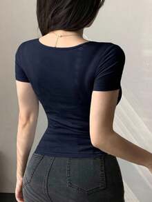 Camiseta corta de mujer con cuello en V, manga corta, ajustada y con nudo, para salir - Azul 2 - Ver 4