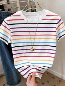Camiseta de mujer de manga corta con cuello redondo y estampado de rayas, adecuada para vacaciones de verano y uso diario - Multicolor 16 - Ver 3