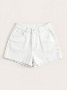 Shorts vaqueros informales de mujer con dobladillo enrollado y bolsillos sesgados - Blanco - Ver 5