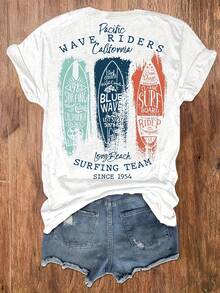 Graphic Print T-Shirt, Casual Short-Sleeved, Round-Neck Top For Summer And Spring, Women's Clothing - White - View 6