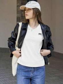Camiseta de manga corta casual de verano para mujer con estampado de lazo - Blanco - Ver 4