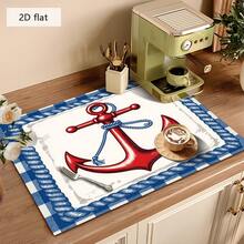 1 pieza Estera de secado de platos, Estera para máquina de café, Cuadros azules y blancos con ancla roja y cuerda en estilo náutico, Estera de drenaje adecuada para mesa de comedor y cafetería, Buena absorción de agua, Estera de drenaje multiusos, Regalo para el hogar, Decoración de escritorio - XYLSD-327 - Ver 4