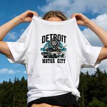 Women's Summer Clothing, Casual Soft Cotton T-Shirt With Round Neck, Classic Detroit Motor City Lions Car Print. Black. - 白色 - 查看 1