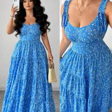 Vestido largo sin mangas con tirantes y estampado floral azul estilo bohemio de talla grande para mujer - Multicolor - Ver 2
