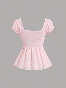 Blusa de gasa con bordado floral elegante y lazo, top de verano dulce y encantador para mujeres - Rosa - Ver 2