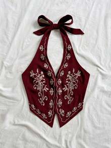Top corto para mujer estilo bohemio sin mangas con diseño de espalda de tirantes, cuello halter con diseño anudado y bordados florales, adecuado para festivales de música - Rojo violeta - Ver 4