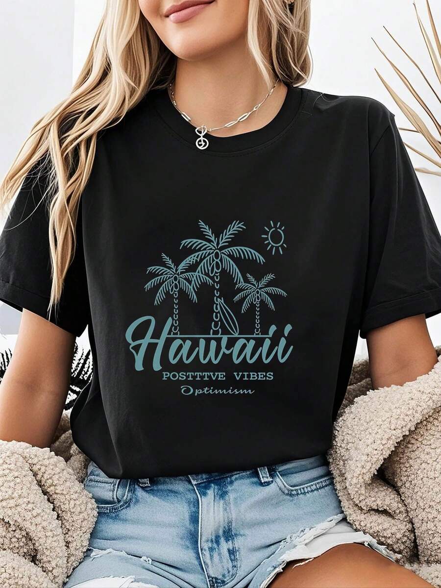 Women's Hawaiian Print T-Shirt - Short Sleeve Crew Neck Top - Suitable For Summer And Spring, Beachwear With Hawaiian Palm And Hibiscus, Machine Washable Casual Hawaiian Clothing - 黑色 - 查看 1