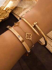 3pcs/Set Stainless Steel Nail With Clover Charm Bracelet Set, Suitable For Women Daily Wear, Christmas Gifts, Holiday Presents - Yellow Gold - View 3