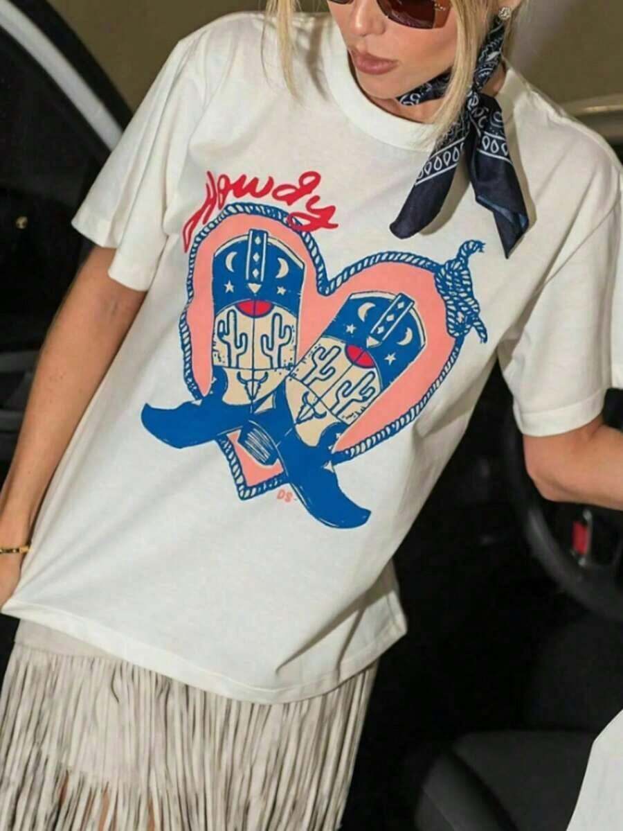 Camiseta de manga corta con estampado de corazón de StreetKorean para mujer, estilo retro vaquero occidental, camiseta casual Y2K de estilo urbano, camiseta de gran tamaño con cuello redondo y estampado vintage para uso diario, vacaciones, festivales de música, atuendo de verano. - Blanco - Ver 1