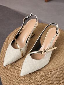 WHDXY 1 Pair Women's Pointed Toe Tweed Slide Sandals, New Summer Design With Metal Buckle Strap Backless Mary Jane Shoes, Gold 7cm Asymmetric Heel, Versatile For Commute, Daily Wear, Date, Party - Beige - View 5