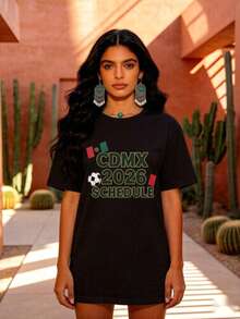2026 Mexico City Football Calendar Graphic T-Shirt | 100% Cotton Fabric, Vintage Print Design With Mexican Flag And Soccer Ball | Casual Urban Style | Perfect For Everyday Wear, Outdoor Activities, Parties, Or As A Gift | Summer Fashion For Men And Women - 黑色 - 查看 6