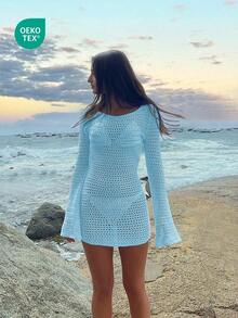 Vestido corto de punto transparente con espalda descubierta y diseño calado, para playa y vacaciones, de unicolor y manga larga, para primavera/verano - Celeste - Ver 9