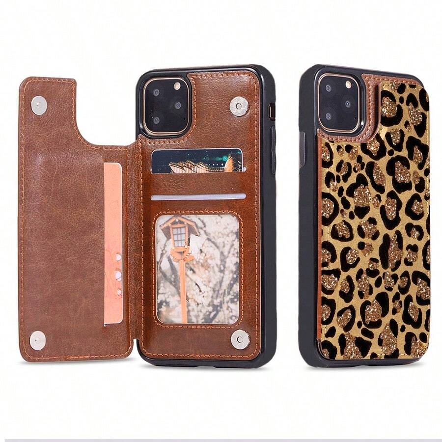 Glitter Leopard Print Pattern Faux Leather Wallet Case For IPhone 17/16 Pro Max/15/14/13/12/11/ Galaxy Phone Cases|Slim Shockproof TPU With 3 Card Slots|Gift Idea- Replace Your Wallet - 棕色 - 查看 1