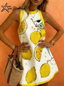Sea Starshine Women's Bohemian Style Summer Beach Casual Vacation Comfortable Sleeveless Dress With Contrast Lemon Leaf Pattern White Elegant - White - View 3
