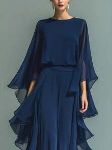 Women's Navy Blue Chiffon Jumpsuit, Formal Jumpsuit With Ruffles And Wide Leg, Elegant Party Outfit 2026 - 深藍色 - 查看 3