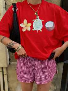Women's Clothing 1 Piece Plus Size 100% Cotton T-Shirt For Women, Printed With Tropical Floral Designs, Sea Turtles And Coconuts, Perfect For Hawaii Vacations, Beach Parties, Summer Trips And Creating A Relaxed Island Vibe. - 紅色 - 查看 4
