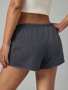 Pantalones cortos casuales sueltos de cintura elástica de unicolor para mujer - Gris Oscuro - Ver 2