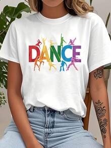 Camiseta Casual de Manga Corta para Mujer con Diseño Simple y Versátil - Estampado con la palabra "DANCE", cuello redondo, lavable a máquina, adecuada para vacaciones de primavera y verano, ropa casual, top fácil de llevar, camiseta con estampado divertido, corte holgado, moderna y a la moda, camiseta estampada duradera. - Blanco - Ver 7
